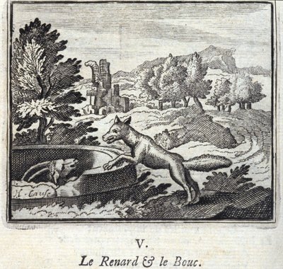 The Fox and the Goat. Fables av Jean de La Fontaine (1621-95). Illustrasjon av Francois Chauveau (1613-1676). Utgave av 1728. av Francois Chauveau
