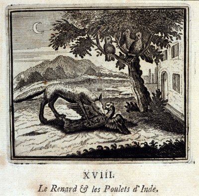 The Fox and the Chickens of India. Fabler av Jean de La Fontaine (1621-95). Illustrasjon av François Chauveau (1613-1676). Utgave av 1728. av Francois Chauveau