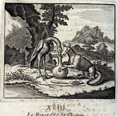 The Fox and the Stork.Fables av Jean de La Fontaine (1621-95). Illustrasjon av Francois Chauveau (1613-1676). Utgave av 1728. av Francois Chauveau