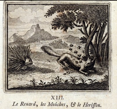 Reven, fluene og Herisson. Fabler av Jean de La Fontaine (1621-95). Illustrasjon av François Chauveau (1613-1676). Utgave av 1728. av Francois Chauveau