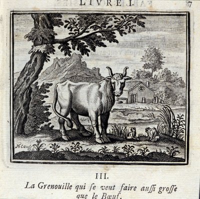 Frosken som vil bli like stor som biffen. Fabler av Jean de La Fontaine (1621-95). Illustrasjon av François Chauveau (1613-1676). Utgave av 1728. av Francois Chauveau