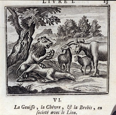 The Genisse the Gove og sauene i samfunnet med løven. Fabler av Jean de La Fontaine (1621-95). Illustrasjon av François Chauveau (1613-1676). Utgave av 1728. av Francois Chauveau