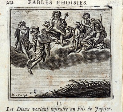 Gudene ønsker å lære en sønn av Jupiter. Fabler av Jean de La Fontaine (1621-95). Illustrasjon av François Chauveau (1613-1676). Utgave av 1728. av Francois Chauveau