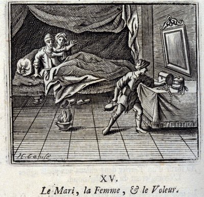 Ektemannen, kvinnen og tyven. Fabler av Jean de La Fontaine (1621-95). Illustrasjon av François Chauveau (1613-1676). Utgave av 1728. av Francois Chauveau