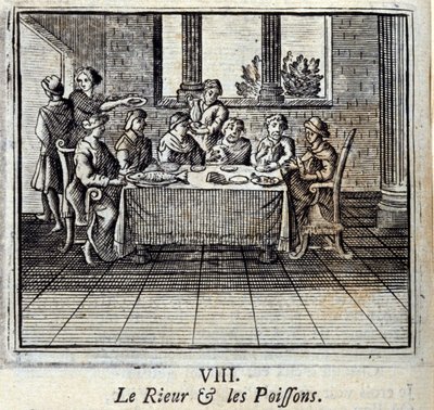 Latteren og Fiskene. Fabler av Jean de La Fontaine (1621-95). Illustrasjon av François Chauveau (1613-1676). Utgave av 1728. av Francois Chauveau