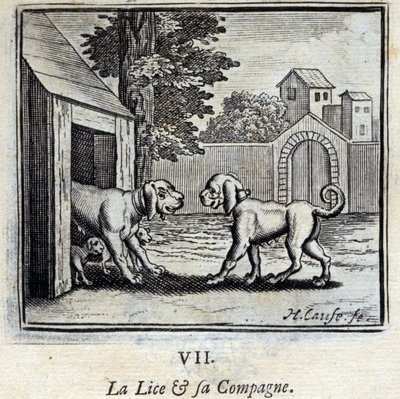 Lusen og hennes følgesvenn. Fabler av Jean de La Fontaine (1621-95). Illustrasjon av Francois Chauveau (1613-1676). Utgave av 1728. av Francois Chauveau