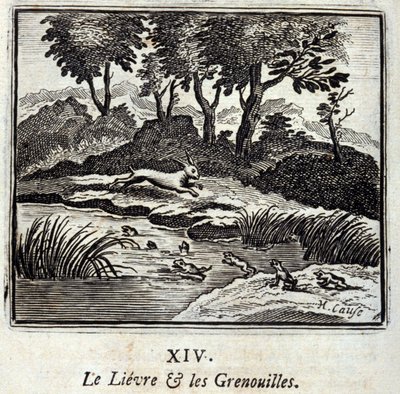 Haren og froskene. Fabler av Jean de La Fontaine (1621-95). Illustrasjon av Francois Chauveau (1613-1676). Utgave av 1728. av Francois Chauveau