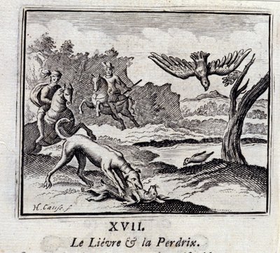 The Lievre and the Pardrix.Fables av Jean de La Fontaine (1621-95). Illustrasjon av François Chauveau (1613-1676). Utgave av 1728. av Francois Chauveau