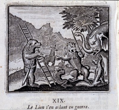 Løven går til krig. Fabler av Jean de La Fontaine (1621-95). Illustrasjon av Francois Chauveau (1613-1676). Utgave av 1728. av Francois Chauveau