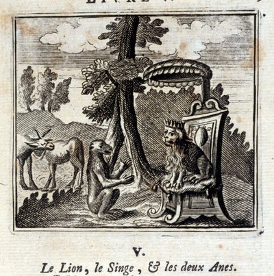 The Lion the Monkey and the Two Anes.Fables av Jean de La Fontaine (1621-95). Illustrasjon av François Chauveau (1613-1676). Utgave av 1728. av Francois Chauveau