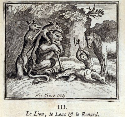 Løven, ulven og reven. Fabler av Jean de La Fontaine (1621-95). Illustrasjon av François Chauveau (1613-1676). Utgave av 1728. av Francois Chauveau