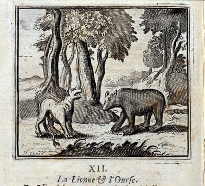 Løvinnen og bjørnen. Fabler av Jean de La Fontaine (1621-95). Illustrasjon av François Chauveau (1613-1676). Utgave av 1728. av Francois Chauveau
