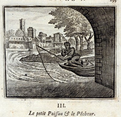 Den lille fisken og fiskeren. Fabler av Jean de La Fontaine (1621-95). Illustrasjon av François Chauveau (1613-1676). Utgave av 1728. av Francois Chauveau