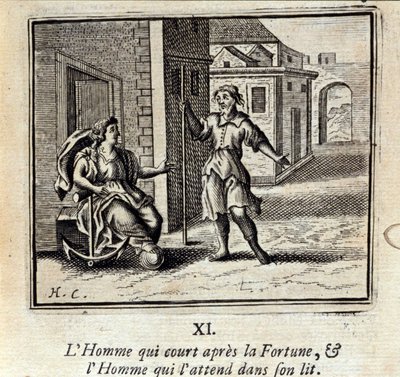 Mannen som løper etter Fortune og Mannen som venter på ham i sengen. Fabler av Jean de La Fontaine (1621-95). Illustrasjon av François Chauveau (1613-1676). Utgave av 1728. av Francois Chauveau