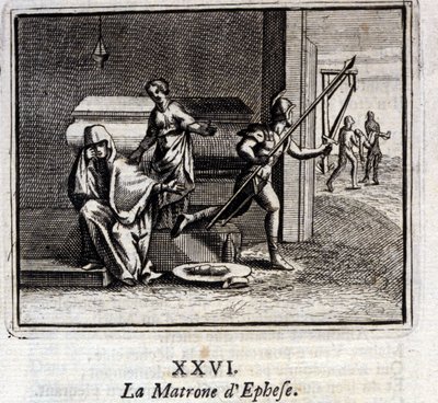 Matronen i Efesos. Fabler av Jean de La Fontaine (1621-95). Illustrasjon av Francois Chauveau (1613-1676). Utgave av 1728. av Francois Chauveau