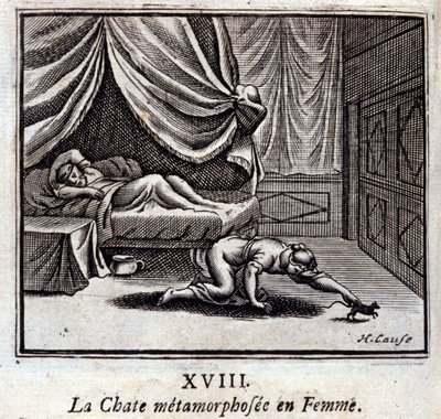 Den metamorfoserte katten i kvinnen. Fabler av Jean de La Fontaine (1621-95). Illustrasjon av François Chauveau (1613-1676). Utgave av 1728. av Francois Chauveau