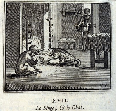 Apen og katten. Fabler av Jean de La Fontaine (1621-95). Illustrasjon av Francois Chauveau (1613-1676). Utgave av 1728. av Francois Chauveau