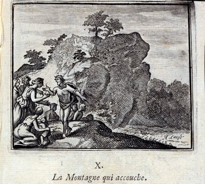 Fjellet føder. Fabler av Jean de La Fontaine (1621-95). Illustrasjon av Francois Chauveau (1613-1676). Utgave av 1728. av Francois Chauveau