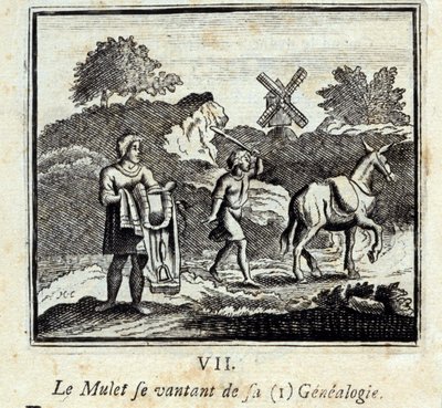 Multen skryter av sin slektshistorie. Fabler av Jean de La Fontaine (1621-95). Illustrasjon av François Chauveau (1613-1676). Utgave av 1728. av Francois Chauveau