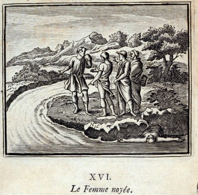 Noyee-kvinnen. Fabler av Jean de La Fontaine (1621-95). Illustrasjon av François Chauveau (1613-1676). Utgave av 1728. av Francois Chauveau
