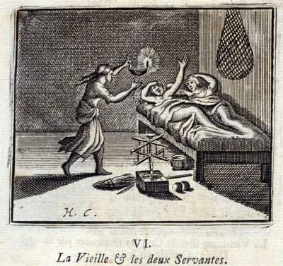 Den gamle damen og de to tjenerne. Fabler av Jean de La Fontaine (1621-95). Illustrasjon av François Chauveau (1613-1676). Utgave av 1728. av Francois Chauveau