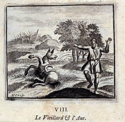 Den gamle mannen og eselet. Fabler av Jean de La Fontaine (1621-95). Illustrasjon av François Chauveau (1613-1676). Utgave av 1728. av Francois Chauveau