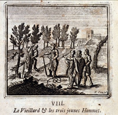 Den gamle mannen og de tre unge mennene. Fabler av Jean de La Fontaine (1621-95). Illustrasjon av François Chauveau (1613-1676). Utgave av 1728. av Francois Chauveau