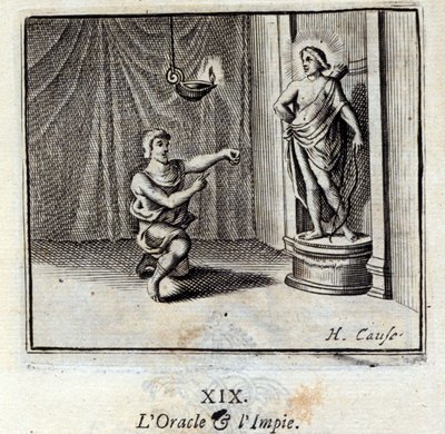 Oraklet og de ugudelige. Fabler av Jean de La Fontaine (1621-95). Illustrasjon av Francois Chauveau (1613-1676). Utgave av 1728. av Francois Chauveau