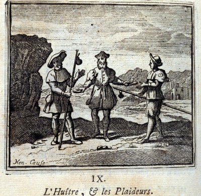 Østersen og rettssakene. Fabler av Jean de La Fontaine (1621-95). Illustrasjon av Francois Chauveau (1613-1676). Utgave av 1728. av Francois Chauveau