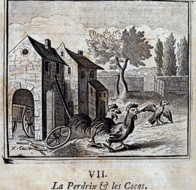 Parthønen og hanene. Fabler av Jean de La Fontaine (1621-95). Illustrasjon av François Chauveau (1613-1676). Utgave av 1728. av Francois Chauveau