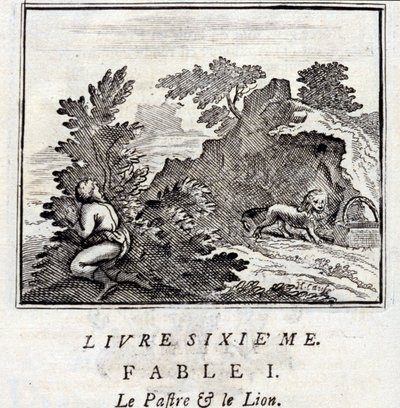 Patras og løven. Fabler av Jean de La Fontaine (1621-95). Illustrasjon av Francois Chauveau (1613-1676). Utgave av 1728. av Francois Chauveau