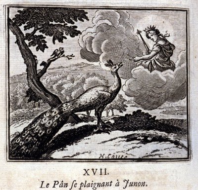 Påfuglen klager til Juno. Fabler av Jean de La Fontaine (1621-95). Illustrasjon av Francois Chauveau (1613-1676). Utgave av 1728. av Francois Chauveau
