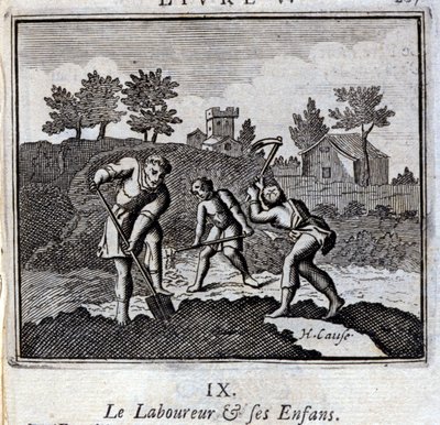 Ploureuren og hans barn. Fabler av Jean de La Fontaine (1621-95). Illustrasjon av Francois Chauveau (1613-1676). Utgave av 1728. av Francois Chauveau