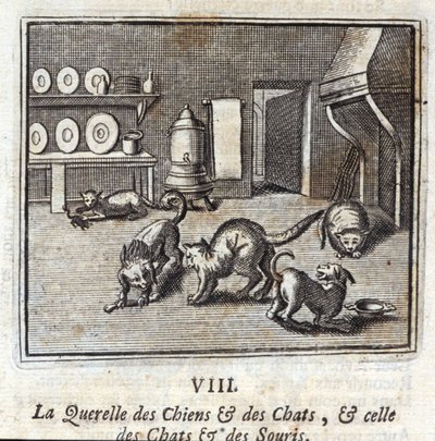 Querellen av hunder og katter, og den til katter og mus. Fabler av Jean de La Fontaine (1621-95). Illustrasjon av François Chauveau (1613-1676). Utgave av 1728. av Francois Chauveau