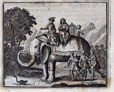 Rotten og elefanten. Fabler av Jean de La Fontaine (1621-95). Illustrasjon av François Chauveau (1613-1676). Utgave av 1728. av Francois Chauveau