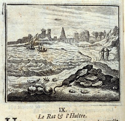 The Rat and the Oyer.Fables av Jean de La Fontaine (1621-95). Illustrasjon av Francois Chauveau (1613-1676). Utgave av 1728. av Francois Chauveau