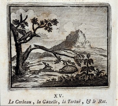 Ravnen, Gasellen, Skilpadden og Rotten. Fabler av Jean de La Fontaine (1621-95). Illustrasjon av François Chauveau (1613-1676). Utgave av 1728. av Francois Chauveau