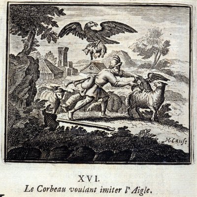 Ravnen som ønsker å etterligne ørnen. Fabler av Jean de La Fontaine (1621-95). Illustrasjon av François Chauveau (1613-1676). Utgave av 1728. av Francois Chauveau