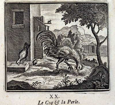 Hanen og perlen. Fabler av Jean de La Fontaine (1621-95). Illustrasjon av François Chauveau (1613-1676). Utgave av 1728. av Francois Chauveau