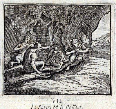 Satyren og passasjeren. Fabler av Jean de La Fontaine (1621-95). Illustrasjon av François Chauveau (1613-1676). Utgave av 1728. av Francois Chauveau