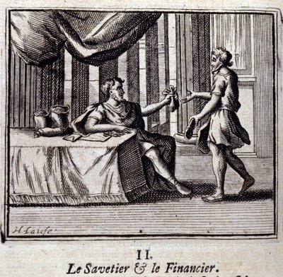 Savetier og Finder. Fabler av Jean de La Fontaine (1621-95). Illustrasjon av François Chauveau (1613-1676). Utgave av 1728. av Francois Chauveau