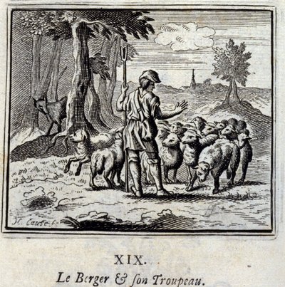 Hyrden og flokken hans. Fabler av Jean de La Fontaine (1621-95). Illustrasjon av François Chauveau (1613-1676). Utgave av 1728. av Francois Chauveau