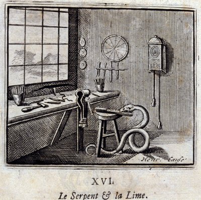 The Snake and the Lime.Fables av Jean de La Fontaine (1621-95). Illustrasjon av Francois Chauveau (1613-1676). Utgave av 1728. av Francois Chauveau
