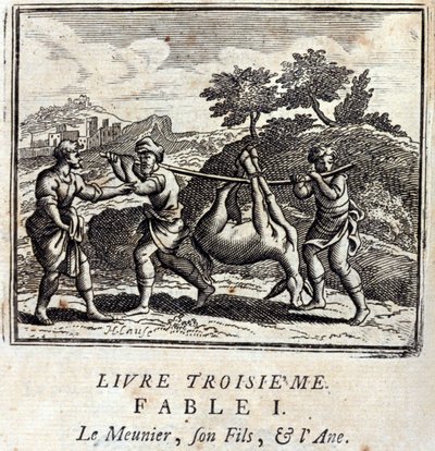 Sugeren hans sønn og eselet. Fabler av Jean de La Fontaine (1621-95). Illustrasjon av François Chauveau (1613-1676). Utgave av 1728. av Francois Chauveau