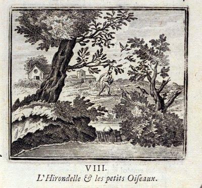 Svalen og småfuglene. Fabler av Jean de La Fontaine (1621-95). Illustrasjon av François Chauveau (1613-1676). Utgave av 1728. av Francois Chauveau