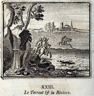 Torrent og Riviere. Fabler av Jean de La Fontaine (1621-95). Illustrasjon av Francois Chauveau (1613-1676). Utgave av 1728. av Francois Chauveau
