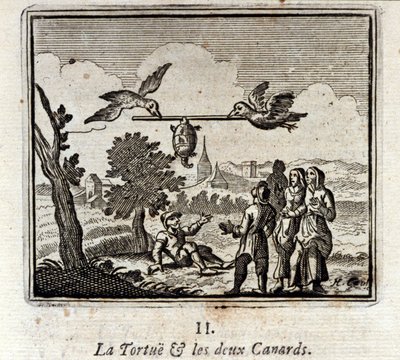 Skilpadden og de to ender. Fabler av Jean de La Fontaine (1621-95). Illustrasjon av François Chauveau (1613-1676). Utgave av 1728. av Francois Chauveau