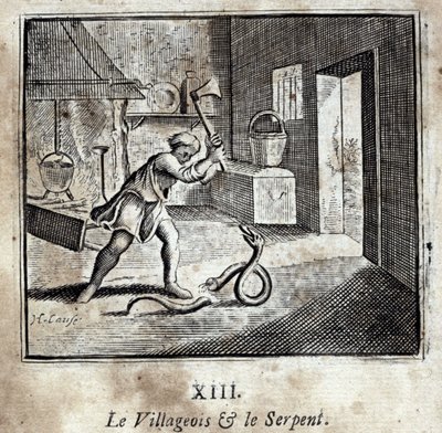 Landsbyboeren og slangen. Fabler av Jean de La Fontaine (1621-95). Illustrasjon av François Chauveau (1613-1676). Utgave av 1728. av Francois Chauveau
