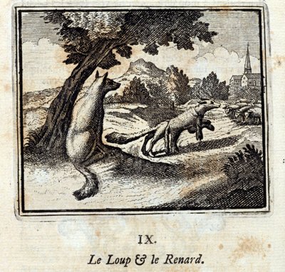 Ulven og reven. Fabler av Jean de La Fontaine (1621-95). Illustrasjon av Francois Chauveau (1613-1676). Utgave av 1728. av Francois Chauveau