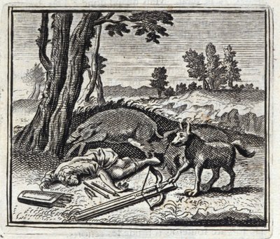 Ulven og jegeren. Fabler av Jean de La Fontaine (1621-95). Illustrasjon av Francois Chauveau (1613-1676). Utgave av 1728. av Francois Chauveau
